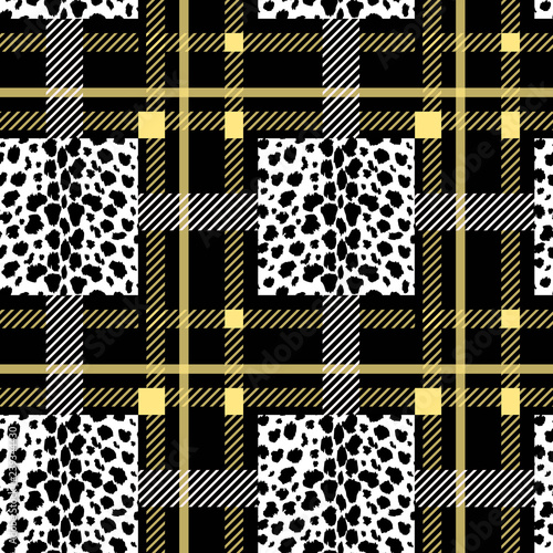 Tartan with Black white leopard texture seamless pattern. Vector illustration.