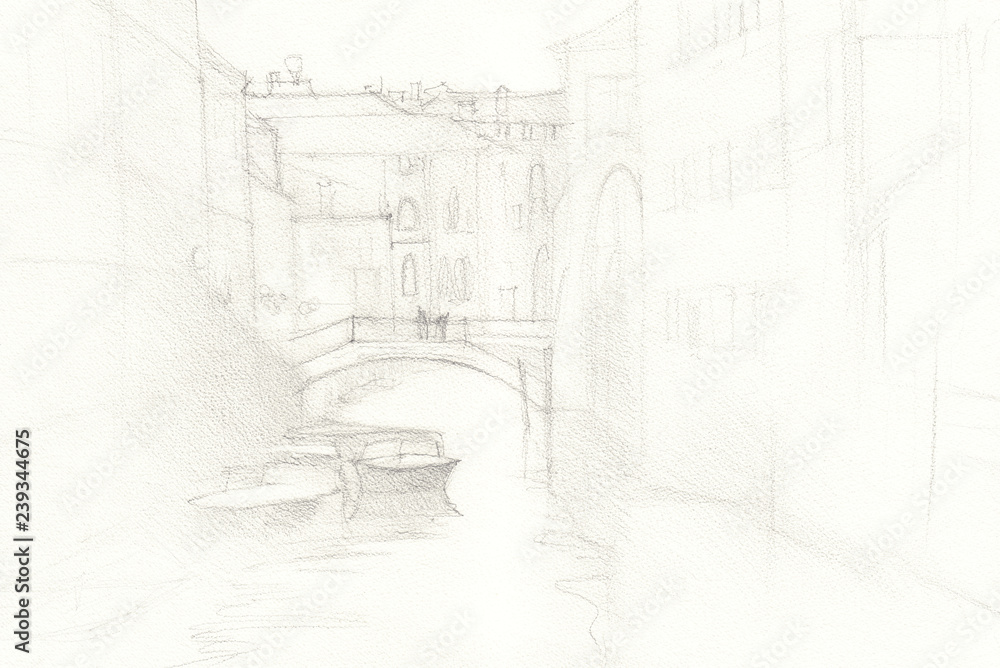 Venice city hand drawn, pencil sketch illustration