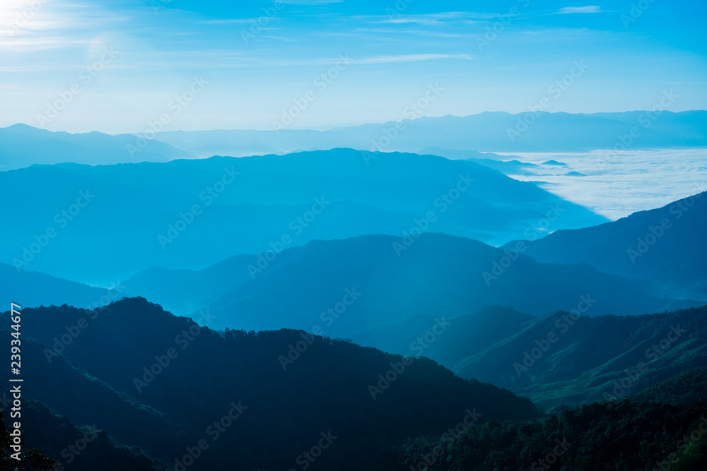 Foggy on the mountain at sunset.