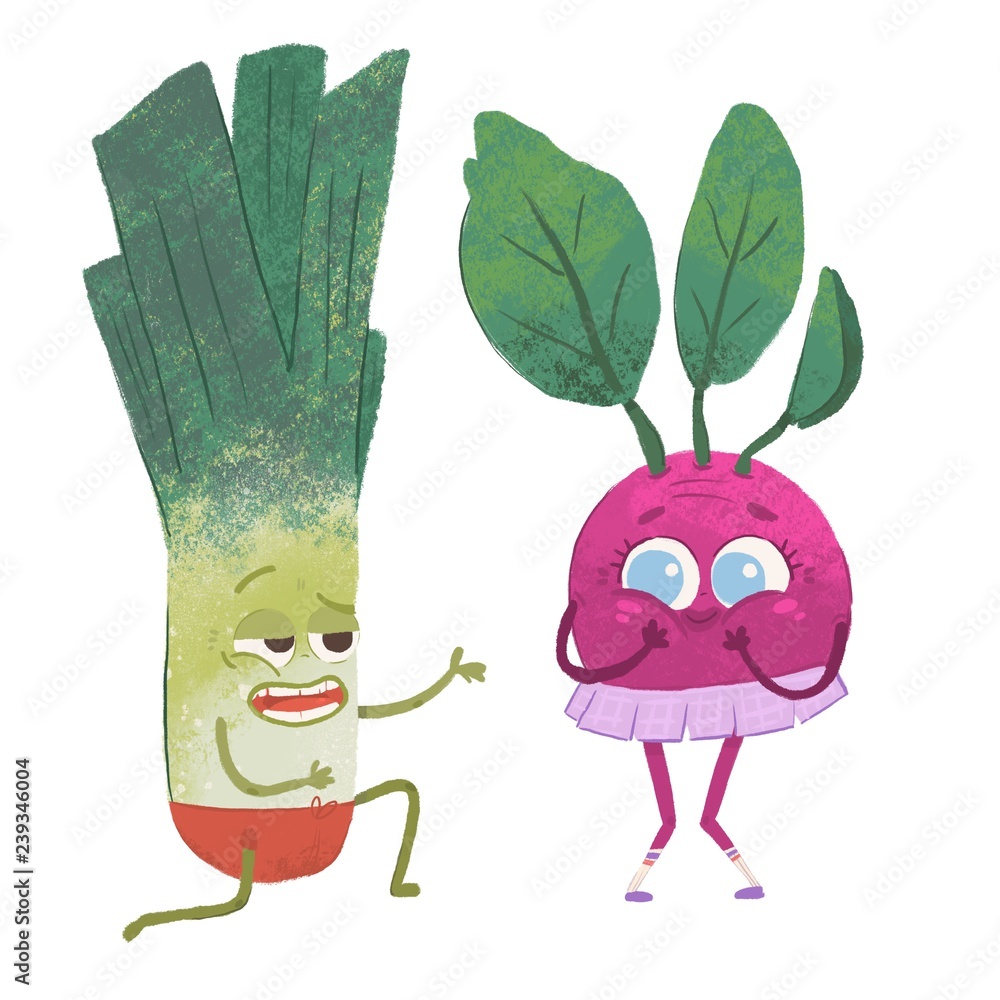Fototapeta premium Funny leek says compliments to shy radish. Cute vegetables with faces and clothes. Hand drawn colored illustration