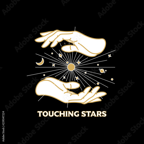 Vector vintage t-shirt, poster design. Mystical celestial illustration with hands, stars, planets and moon.