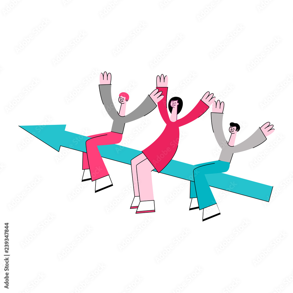 Vector teamwork concept poster with stylized business man and woman flying at big arrow raising hands up. Female, male office characters and symbol of workflow and successful communication Vector teamwork concept poster with stylized business man and woman flying at big arrow raising hands up. Female, male office characters and symbol of workflow and successful communication