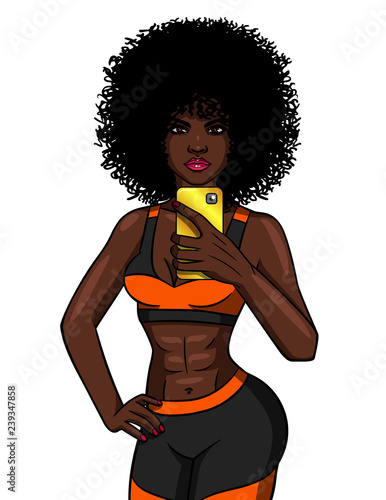 Color vector illustration of a girl in sportswear isolated from white background. Slim Girl makes selfie after workout. Sports African American girl takes pictures of herself after the gym.