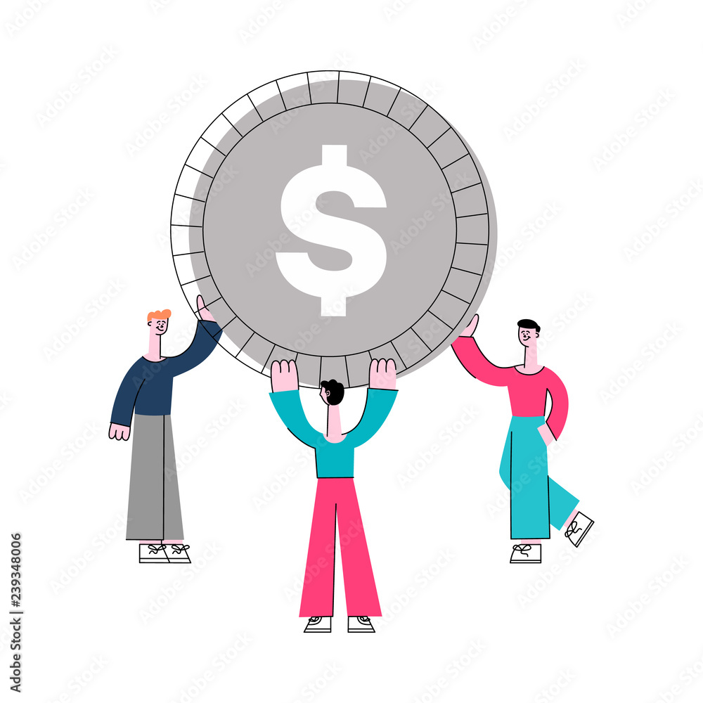 Vector stylized business man holding big silver coin with dollar currency sign above head. Banking and financial services concept with male office characters and symbol of success, deal and wealth Vector stylized business man holding big silver coin with dollar currency sign above head. Banking and financial services concept with male office characters and symbol of success, deal and wealth