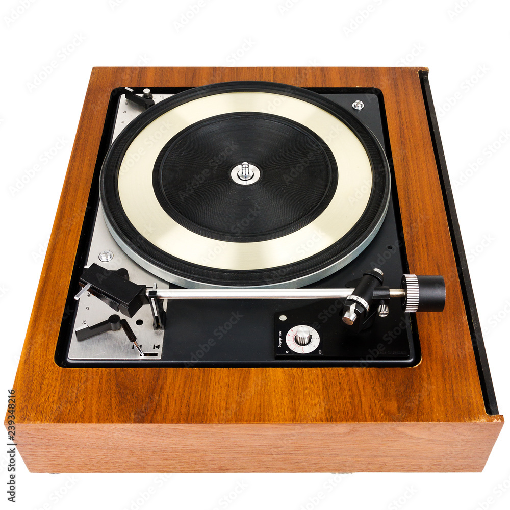 Fototapeta premium Side view of vintage turntable vinyl record player isolated on white