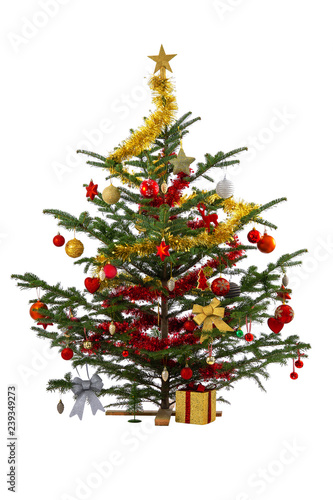 Christmas tree with colorful decoration, ornaments and gift box isolated on white, happy new year.
