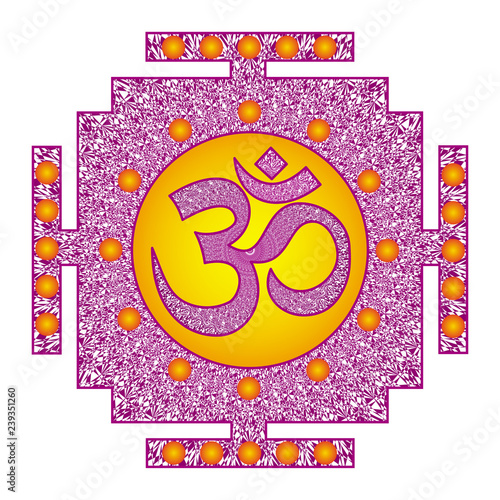 Tibetian openwork mandala, elegant circular ornament with the Om / Aum / Ohm sign in the middle  on a red, yellow and purple colors. Spiritual and sacred symbol. Vector graphics.