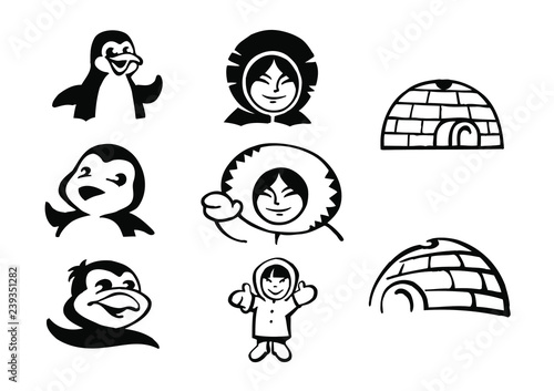 penguin eskimo and igloo black and white icons