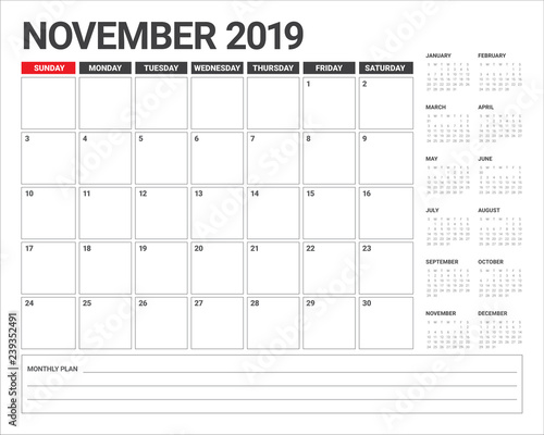 November 2019 desk calendar vector illustration