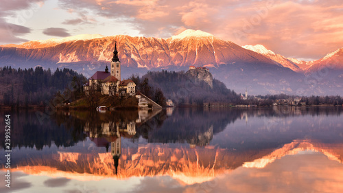 Lake Bled at sunset with Santa Maria Church (Church of Assumption), Gorenjska, Julian Alps, Slovenia, Europe photo