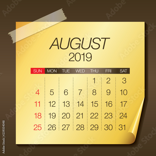 August 2019 monthly calendar vector illustration