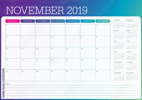 November 2019 desk calendar vector illustration