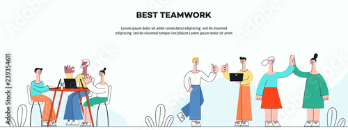 Vector illustration of successful teamwork horizontal banner in flat style - business people working and developing projects together in workspace isolated on white background.