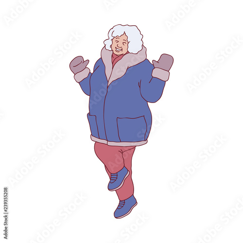 Vector sketch cheerful elderly grey-haired woman in warm winter or autumn clothing - jacket or coat, scarf, hat and boots having fun laughing outdoors. Female elderly character with positive emotions