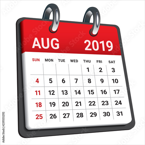 August 2019 monthly calendar vector illustration