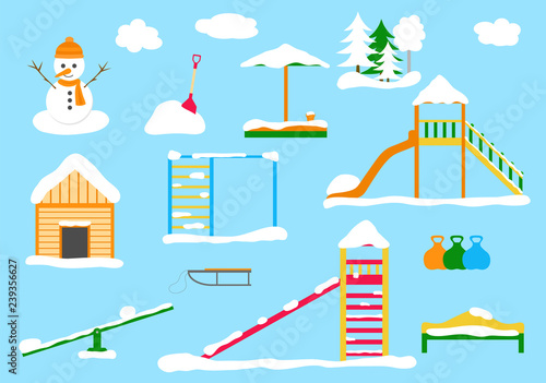 Playground in winter, set of objects, vector illustration