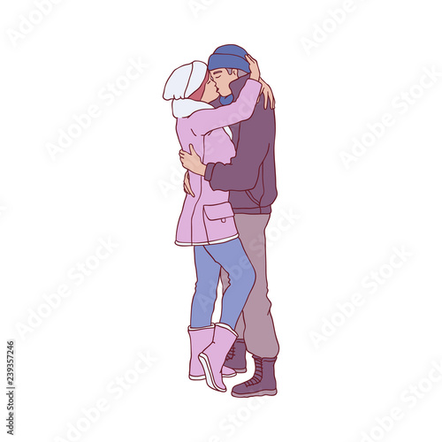 Vector sketch couple kissing and hugging at winter standing in warm clothing, hat and boots. Young man and woman lovers express care and love, valentines day romantic characters