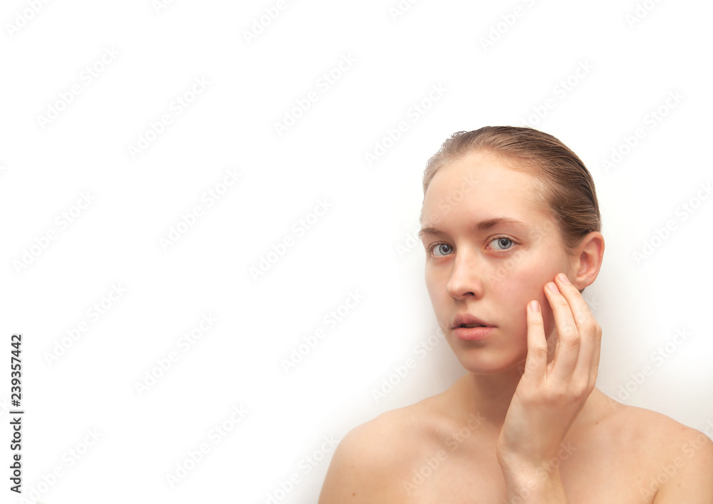 Portrait of a girl with clear skin on a white background with copy space. Concept photos for advertising funds for the care of the face. Portrait of a girl with clear skin on a white background with copy space. Concept photos for advertising funds for the care of the face.