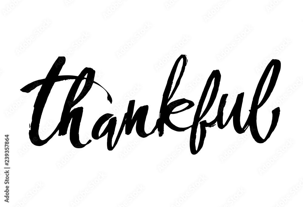 Fototapeta premium Thankful text on white background. Calligraphy lettering Modern brush calligraphy. Vector