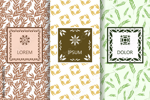 Set of seamless patterns background. Vector illustration for elegant design. Abstract geometric East Ornament Pattern. Stylish decorative labels with emblem and frame. Fashion universal background.