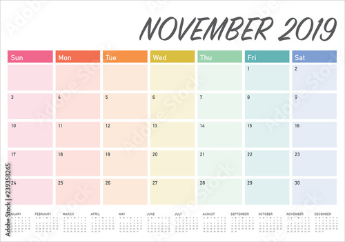 November 2019 desk calendar vector illustration