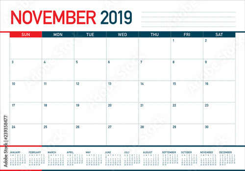 November 2019 desk calendar vector illustration