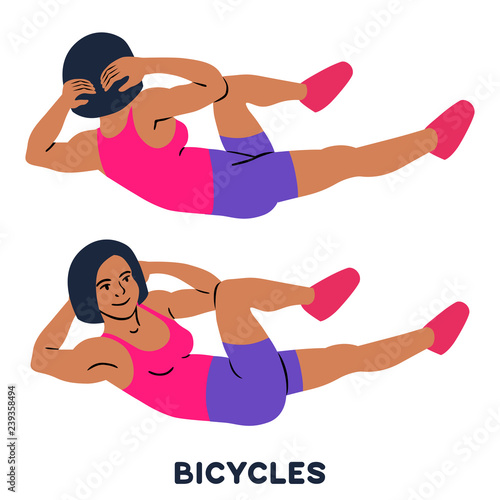 Bicycles. Elbow to cnee crunches. Cross body crunches. Sport exersice. Silhouettes of woman doing exercise. Workout, training.