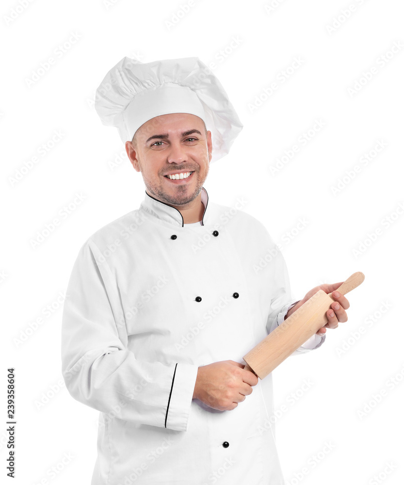 Male chef with rolling pin on white background Male chef with rolling pin on white background