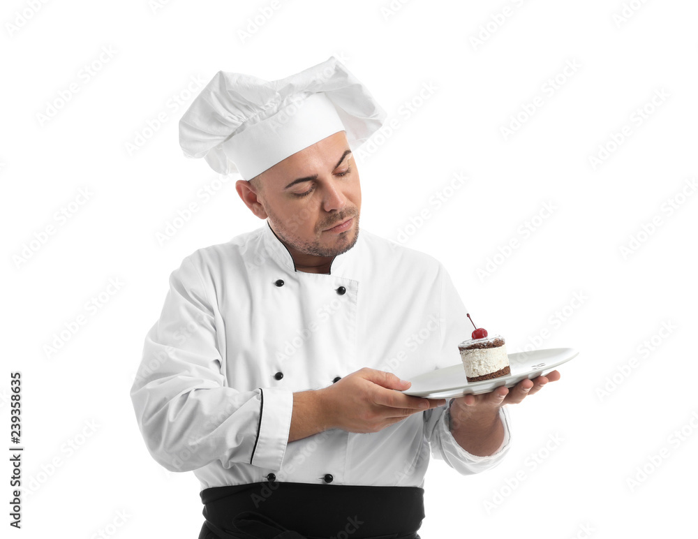 Male chef with tasty dessert on white background Male chef with tasty dessert on white background