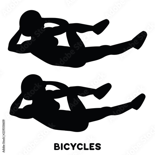 Bicycles. Elbow to cnee crunches. Cross body crunches. Sport exersice. Silhouettes of woman doing exercise. Workout, training.