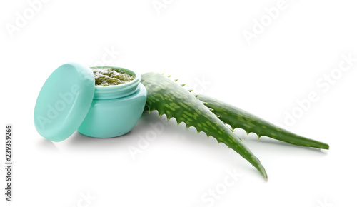 Natural cosmetics with aloe vera extract on white background