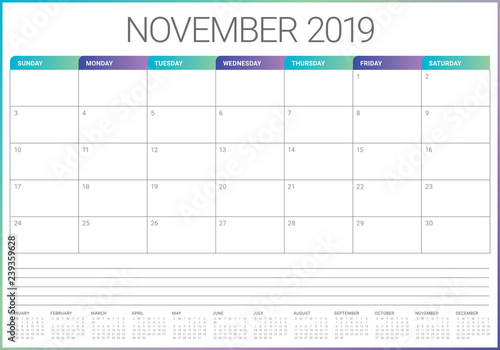 November 2019 desk calendar vector illustration