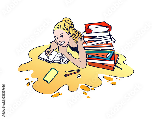 Girl doing homework flat hand drawn color illustration