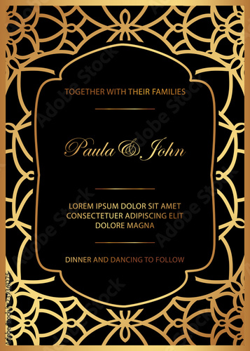 Stylish Gold and White Wedding Card. Royal Vintage Wedding Invitation template. Save the date card. Trendy design with geometric background. Tradition decoration for wedding