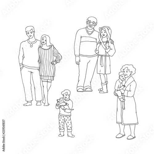 Vector illustration set of happy family members in warm winter home clothes hugging in sketch style - hand drawn people embracing and smiling indoor isolated on white background.