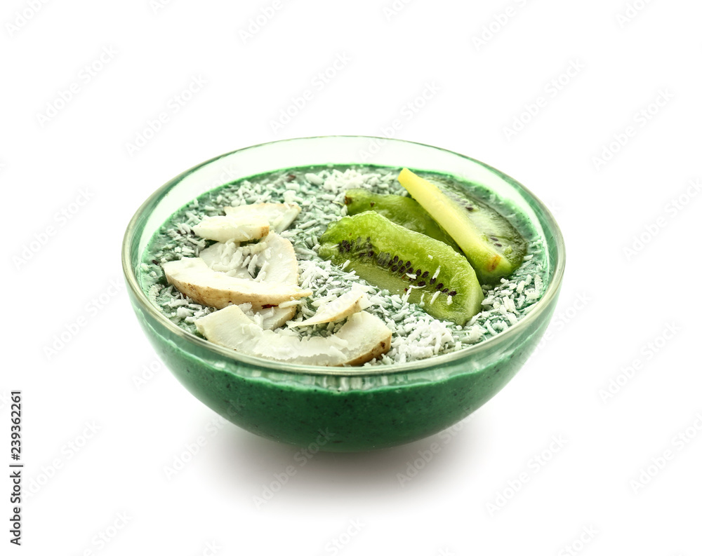 Bowl with spirulina smoothie on white background Bowl with spirulina smoothie on white background