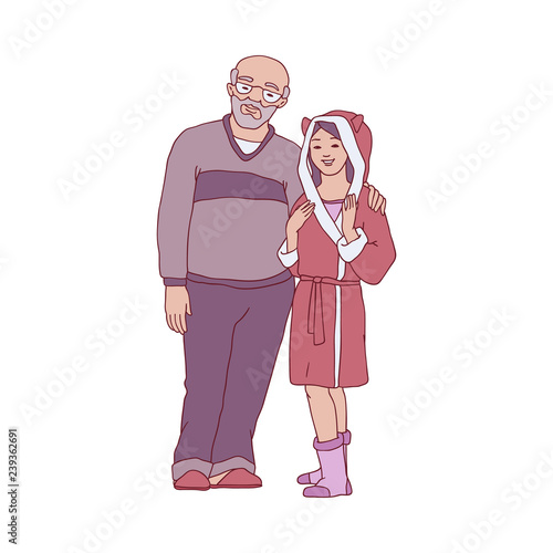 Vector sketch elderly man, father or grandfather in cozy home clothing hugging young girl, woman in bathrobe. Happy family hugs concept. Male, female characters express care and love