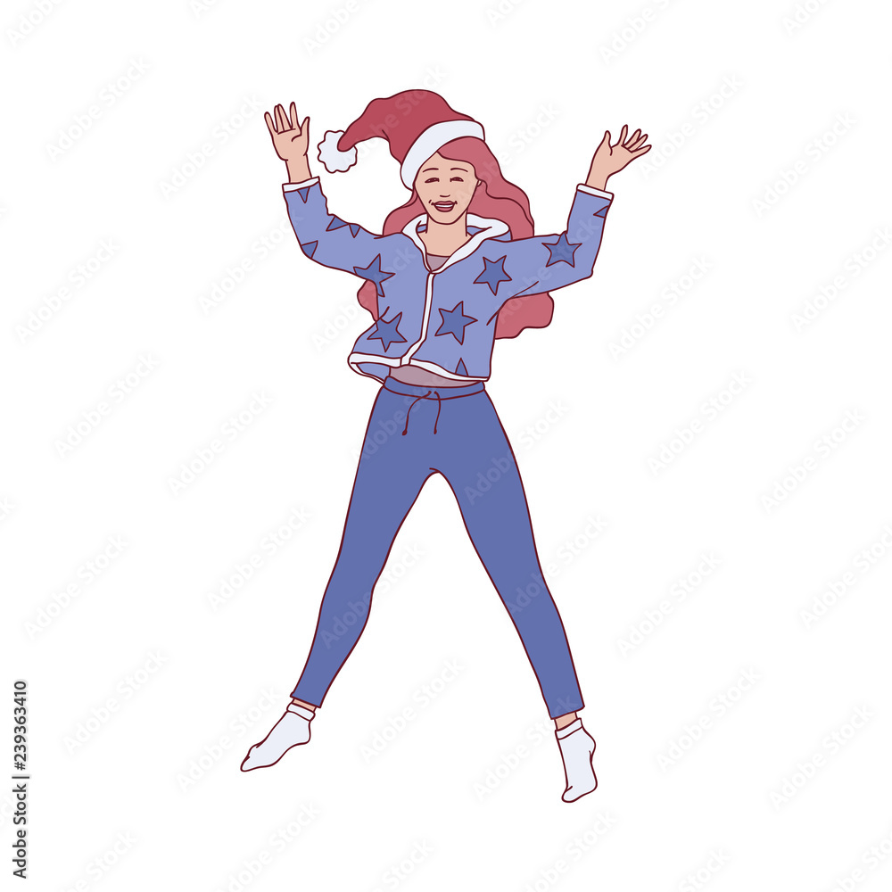 Vector illustration of young girl in warm home clothes and red Santa Claus hat jumping with happiness and joyful in sketch style - isolated hand drawn woman celebrating Christmas and New Year.