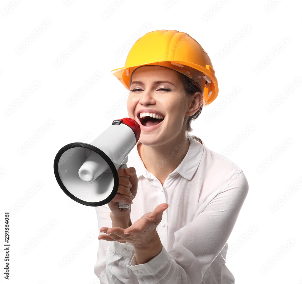Female engineer with megaphone on white background Female engineer with megaphone on white background