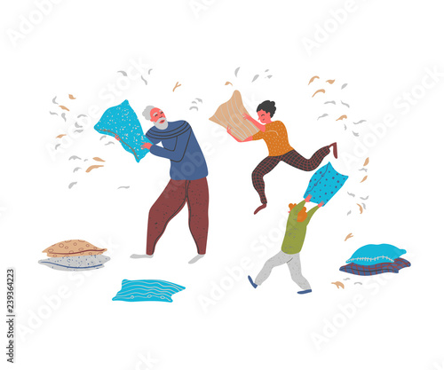 Grandfather fighting pillows with his grandsons and have fun at home. Isolated on white background. Vector illustration