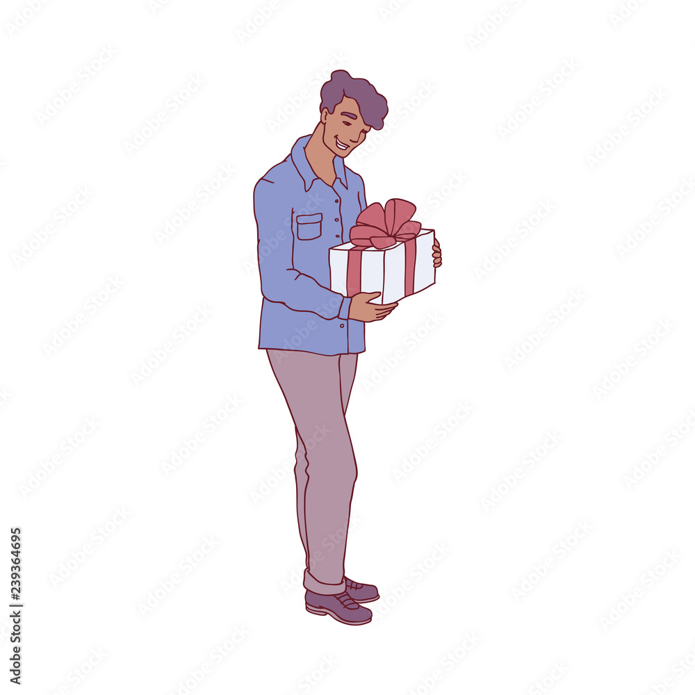 Vector illustration of young man standing with wrapped gift box decorated with ribbon and bow in sketch style - hand drawn happy male character received present isolated on white background. Vector illustration of young man standing with wrapped gift box decorated with ribbon and bow in sketch style - hand drawn happy male character received present isolated on white background.