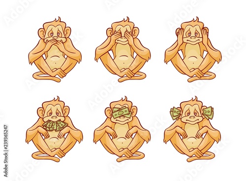 Vector illustration set of three monkeys dont speak, hear and see covering his eyes, ears and mouth with hands and stacks of green money banknotes in sketch style isolated on white background.