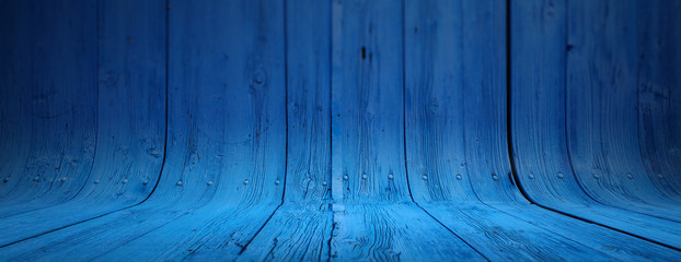 Blue painted and curved wooden background, banner
