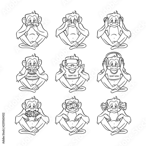 Vector see no evil, hear no evil, speak no evil metaphor with monkeys covering eyes, mouth, ears by hands, eating burger, wearing headphones, VR headset with money. Sketch ape animals for moral design