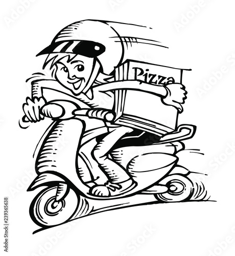 Pizza delivery man on a scooter carrying boxes of pizza