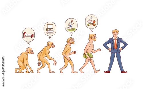 Vector people evolution concept with ape to man growth process with monkey, caveman with primary needs to happy businessman in suit. Mankind development, darwin theory