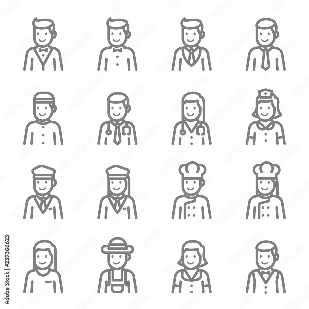 Staff Avatar Vector Line Icon Set. Contains such Icons as Chef, Doctor, Nurse, Business man, Guard and more. Expanded Stroke Staff Avatar Vector Line Icon Set. Contains such Icons as Chef, Doctor, Nurse, Business man, Guard and more. Expanded Stroke