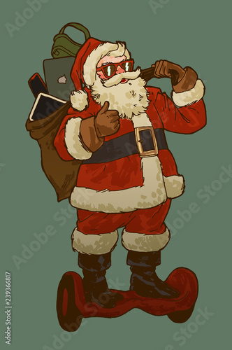 Modern Santa riding segway with a sack of gadgets - vintage style vector illustration