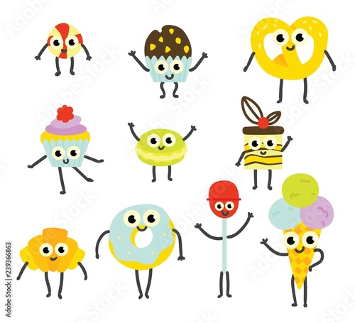 Vector illustration set of sweet desserts cartoon characters with cute smiling faces in flat style - emoticons of delicious sugar confectionery pastries isolated on white background.