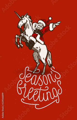 Santa Claus riding unicorn and dabbing vintage vector illustration